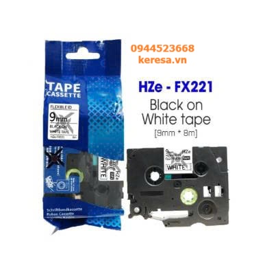 Nhãn in Siêu Dẻo HZe-FX221 | 9mm x 8m | Chữ Đen trên nền Trắng