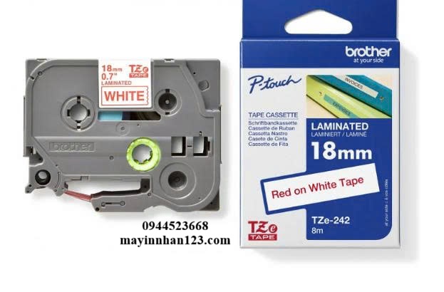 NHÃN IN TZE-242 CHỮ ĐỎ NỀN TRẮNG 18MM X 8M