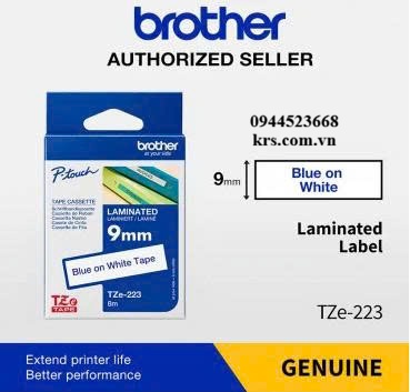 NHÃN IN TZE-223 CHỮ XANH NỀN TRẮNG 9MM X 8M